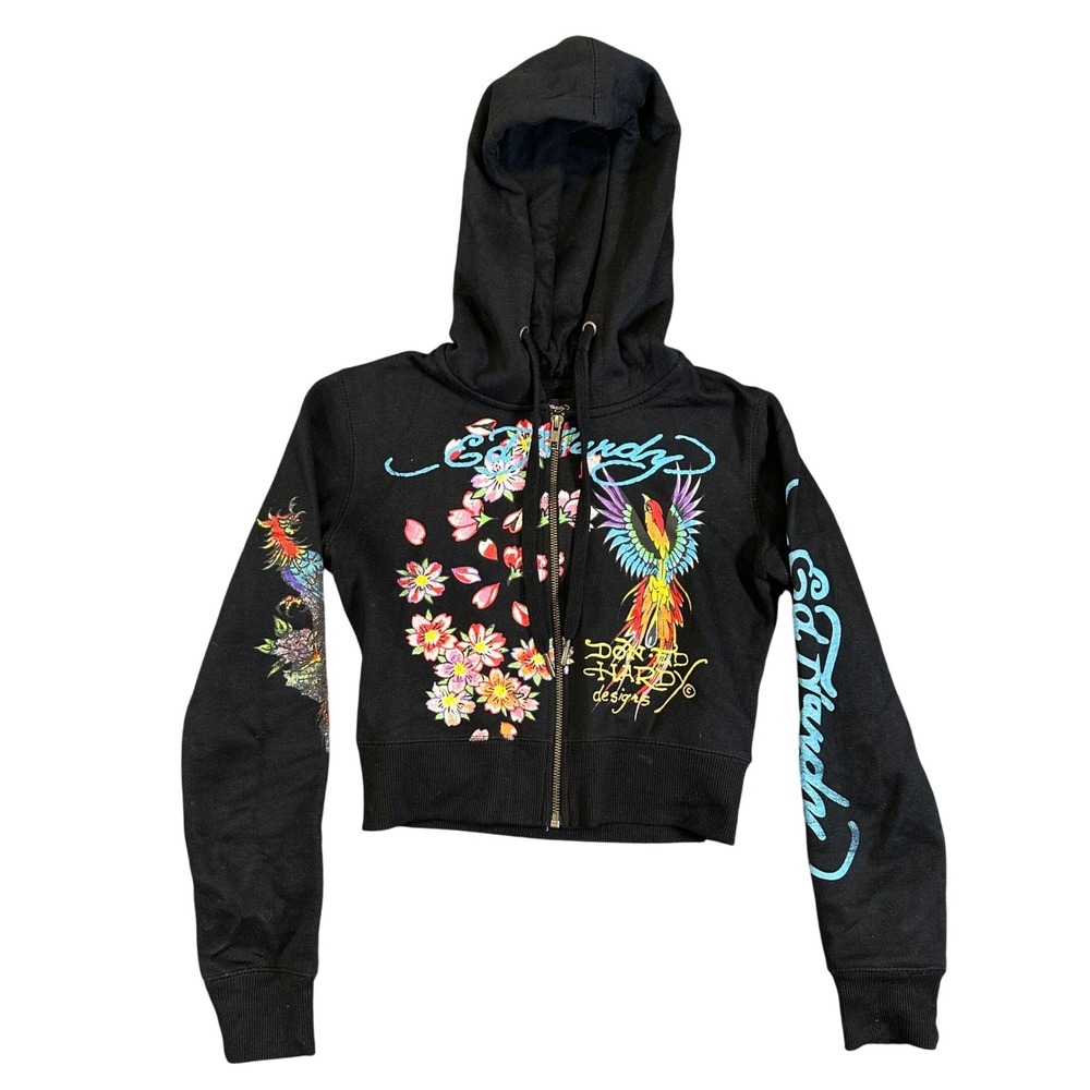 Ed Hardy Womens Cropped Zip Up Hoodie Black Phoenix Dragon Y2K XS ERW1800-21